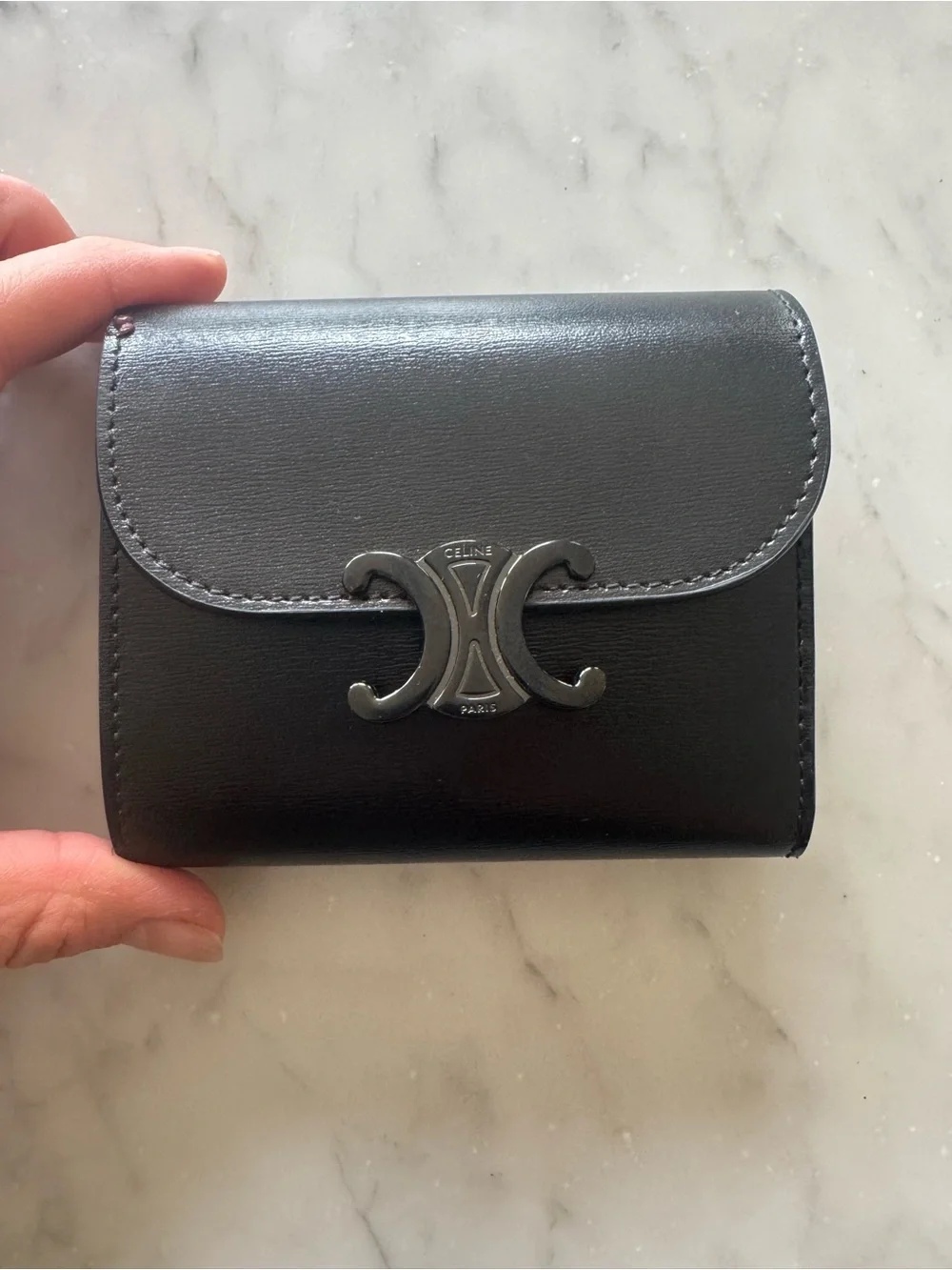 Celine Black Leather Triomphe Compact Wallet - Picture 1 of 5